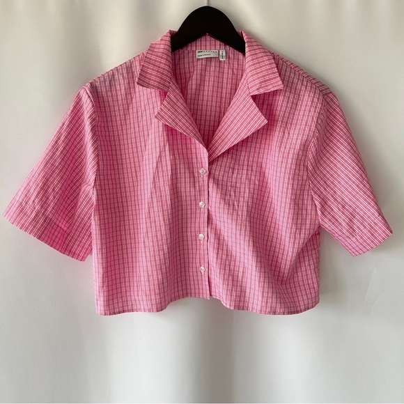 ASOS DESIGN Women’s Plaid Pink Short Sleeve Button Down Crop Top Size 4 - Picture 1 of 9
